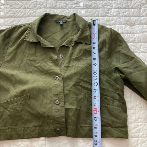 Eileen Fisher Lightweight Cropped Olive Green Button Down Jacket Tencel Linen M - Picture 6 of 10